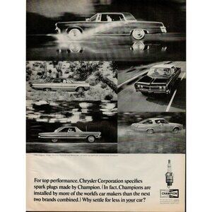 1965 Champion Spark Plugs f/ Chrysler Automobiles Vintage Print Ad (L17)